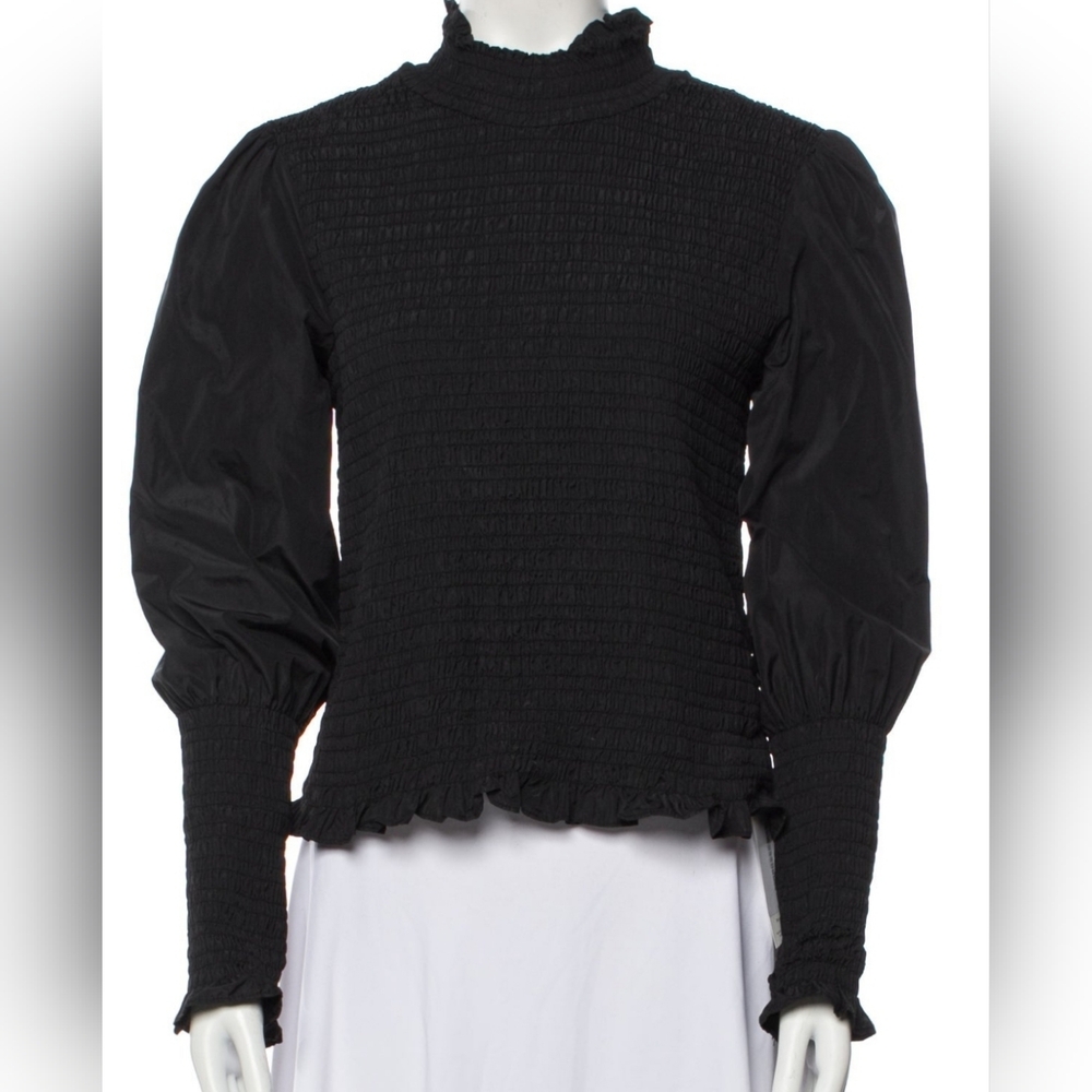 Veronica Beard Black Puff Sleeve Smocked Blouse